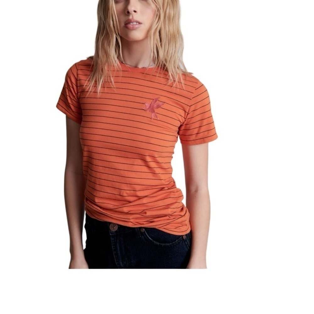 One Teaspoon T-Shirt Orange Striped Bower Bird Fitted‎ Tee XS New